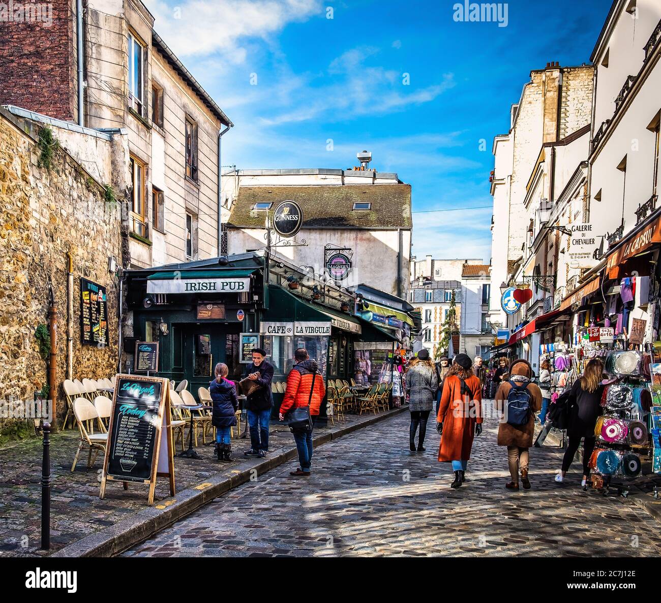 Paris, France, Feb 2020, urban scene by the Irish pub `La Virgule` in the heart of Montmartre district Stock Photo